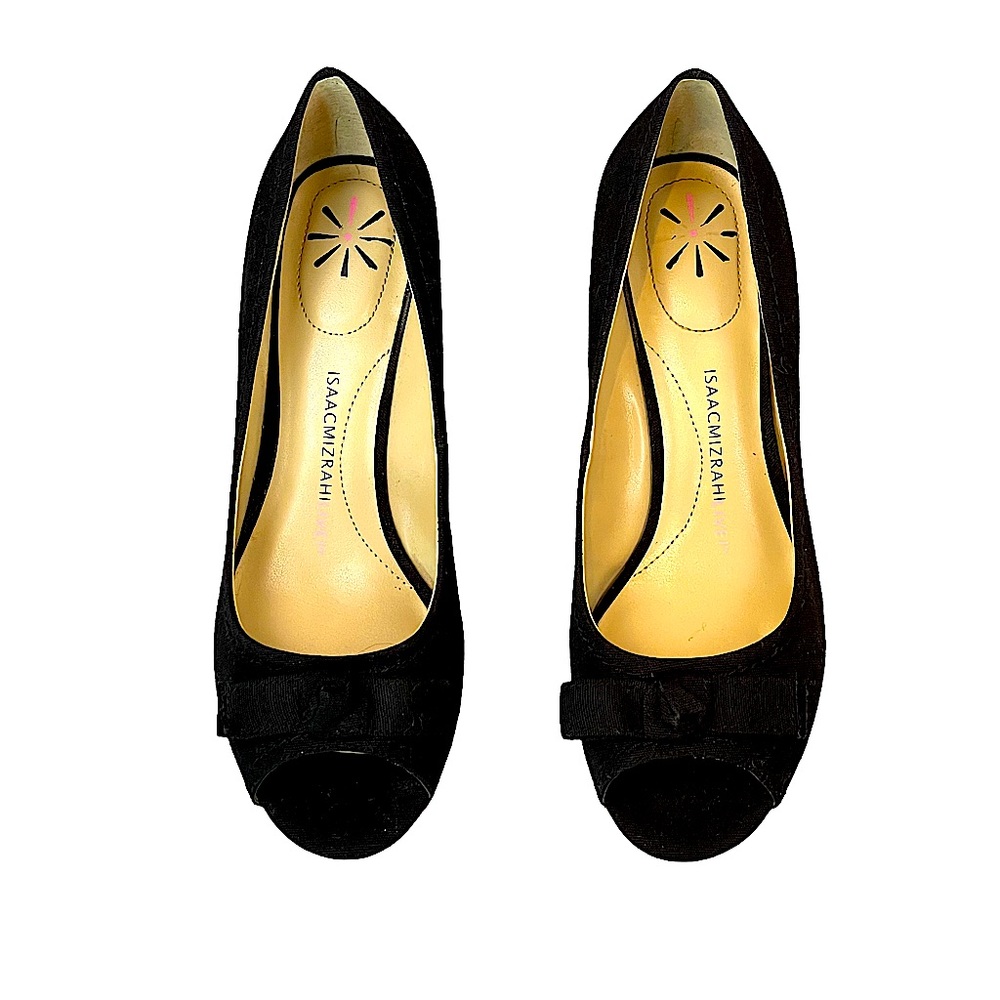Isaac Mizrahi Live! Black Canvas Peep Toe
Straw like Wedges Bow Detail … - Picture 14 of 17